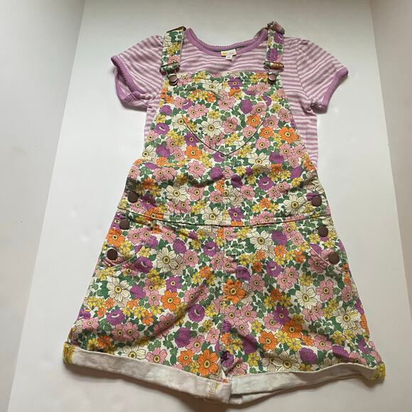 Mini Boden Purple Striped Pointelle Shirt & Floral Shortall Overalls - Picture 1 of 2